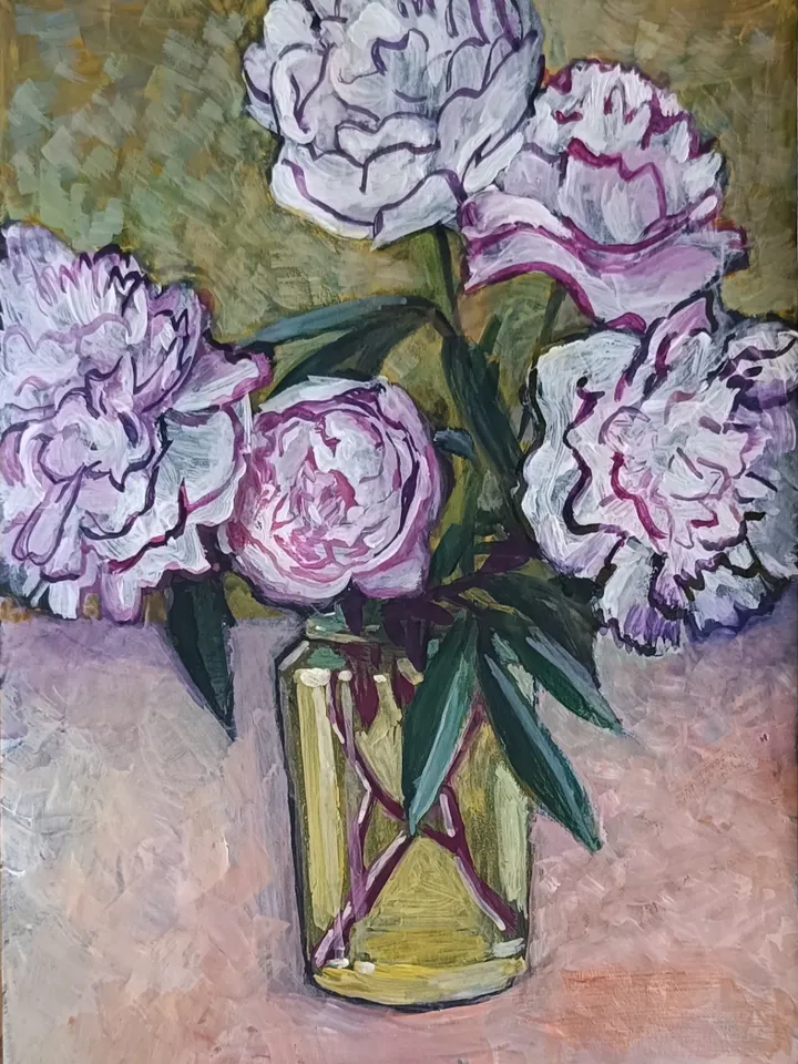 White peonies in a golden vase.