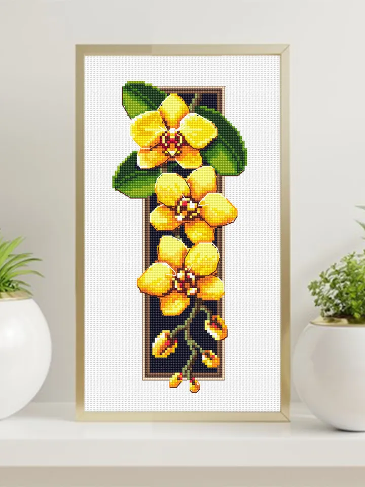 Flowers orchids cross stitch pattern download PDF Yellow orchid cross stitch sampler Floral xstitch chart digital DIY plant lovers gift #P31