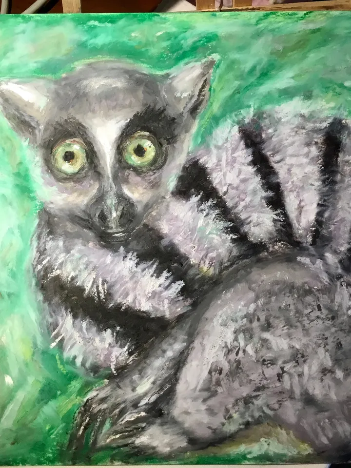 Lemur oil pastel painting,original animals painting,funny animals wall art,kids room decoration,lemur paintings gifts,affordable artwork.