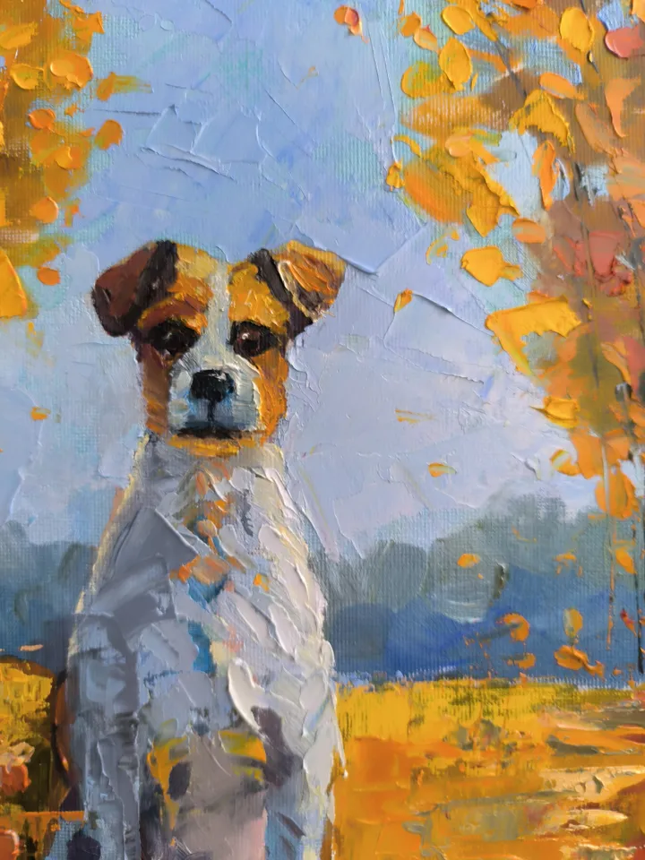 Dog oil painting, Dog on canvas, Oil painting, Dog in the autumn forest
