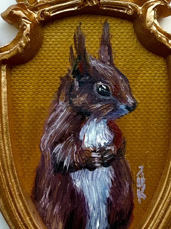 Framed Squirrel Oil Painting Original Wild Animals Art Cute North Squirrel Painting Gold Frame Victorian Painting