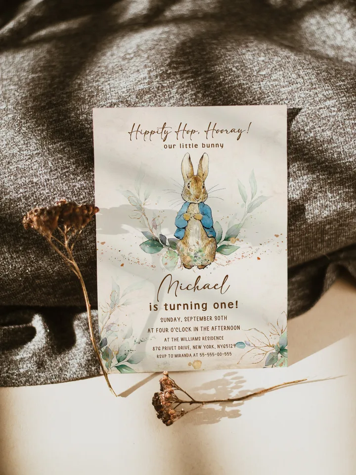 Peter Rabbit First Birthday Invitation Template; Easter Bunny Invitation Spring Bunny Peter Rabbit Birthday Invitation