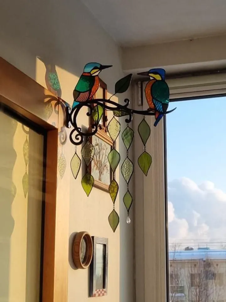Kingfishers on a Birch Branch – Tiffany Stained Glass on Metal Base, Stained Glass Kingfishers on Metal Frame – Handmade Artwork, Tiffany Stained Glass Birds on Birch Branch – Wall Hanging, Artistic Stained Glass Kingfishers – Tiffany Technique Creation