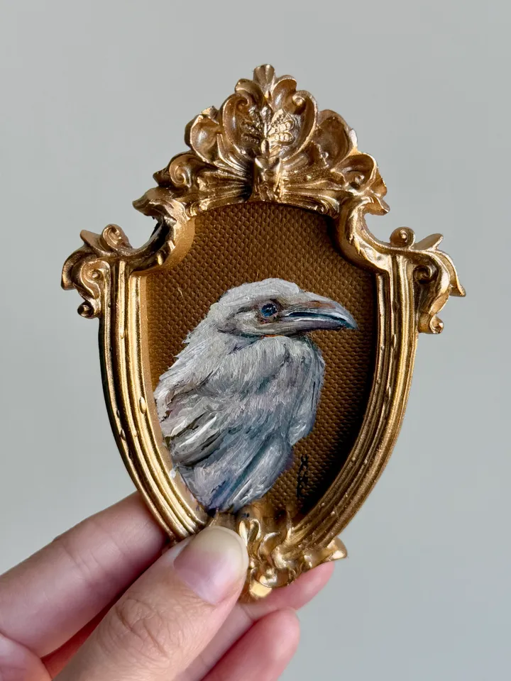 Framed Albino Raven Painting Small Original Witch’s Friend Artwork Crow Art Tiny Oil Painting Bird