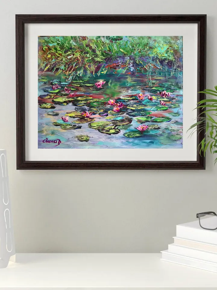 Water Lilies Pond Original Impasto Art Oil Painting Beach Artist Svinar Oksana