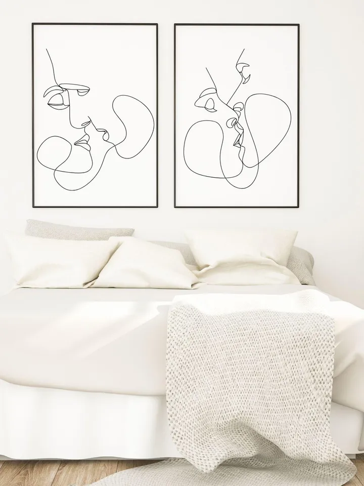 Kissing Couple Wall Art Set Of 2, Couple Line Art, One Line Art, Couple Line Drawing, Couple In Love,Bedroom Romantic ArtWork, Couple Sketch