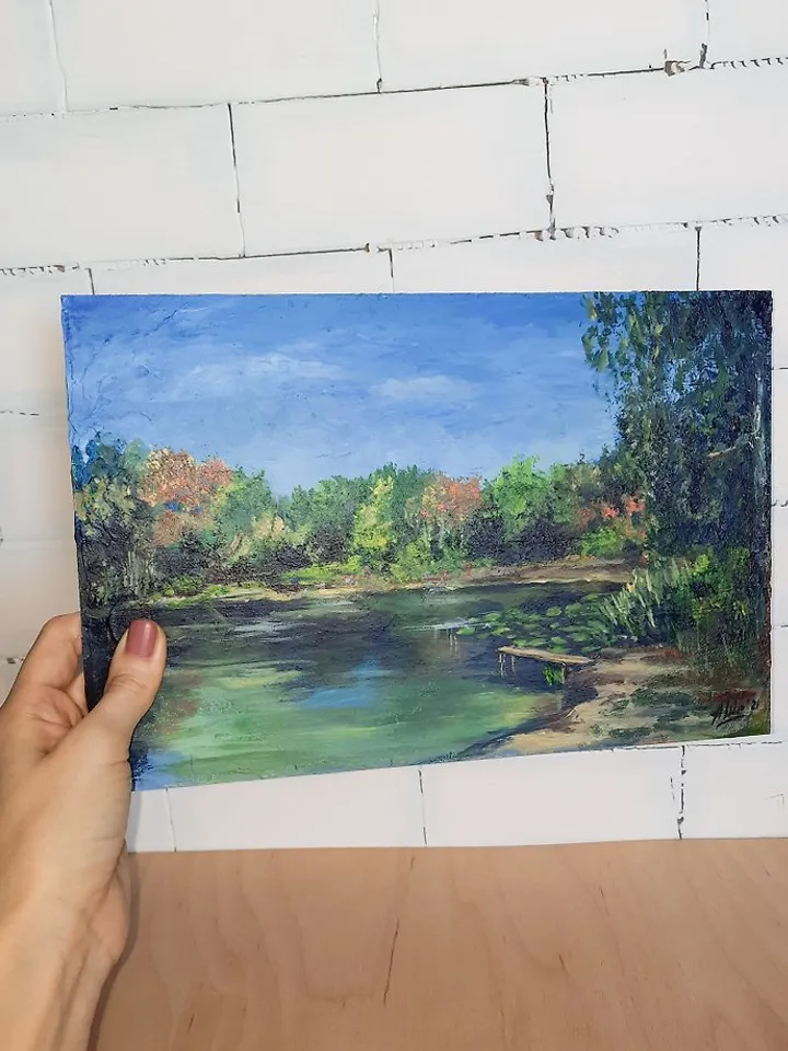 Birch painting Original acrylic art Dock painting Lake painting Forest landscape