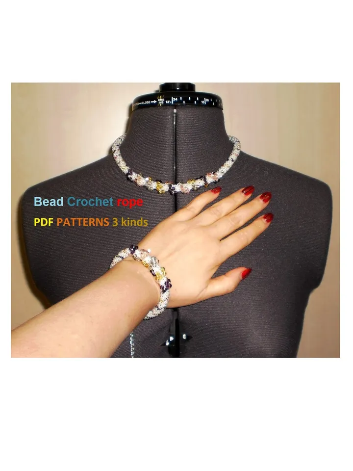 Slim Bead Crochet rope patterns, "Bows" necklace and bracelet, Slip Stitch, 3 Patterns, Instant Download, PDF fail
