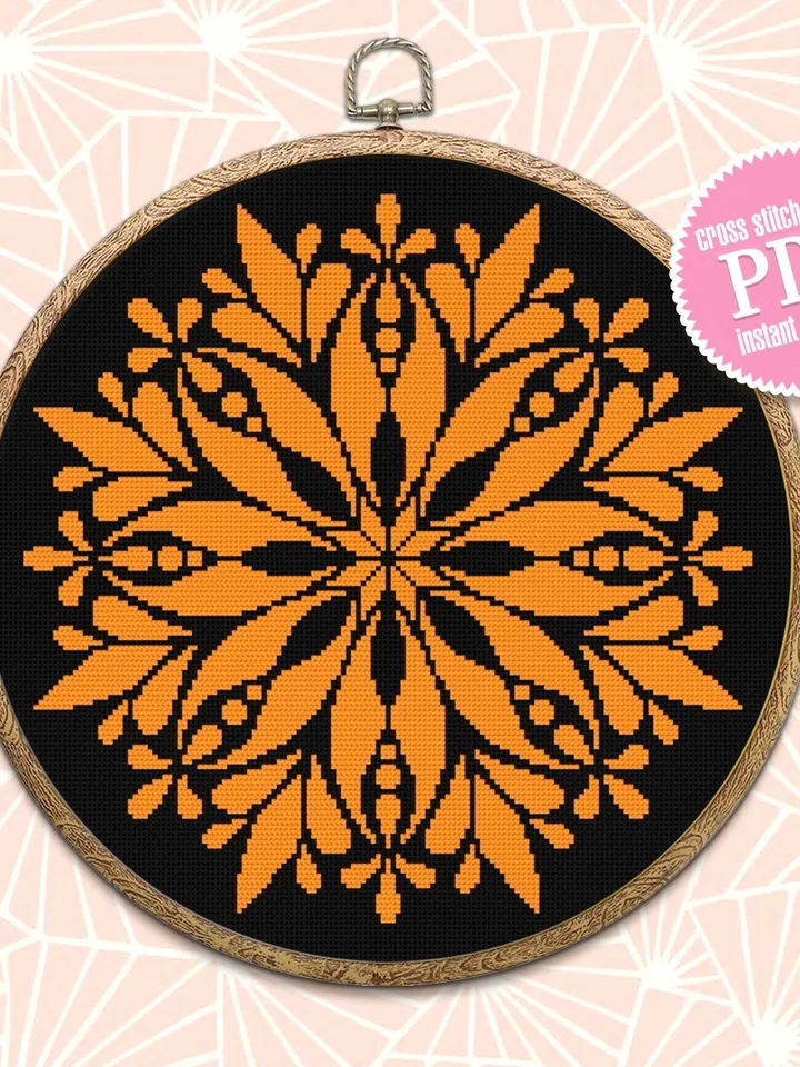 Flower mandala cross stitch pattern download PDF Easy mandala digital PDF Monochrome cross stitch chart Floral ornament embroidery PDF #M102