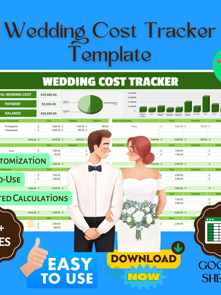 Wedding Cost Tracker Template, Wedding Budget Planner, Expense Tracker for Wedding Planning