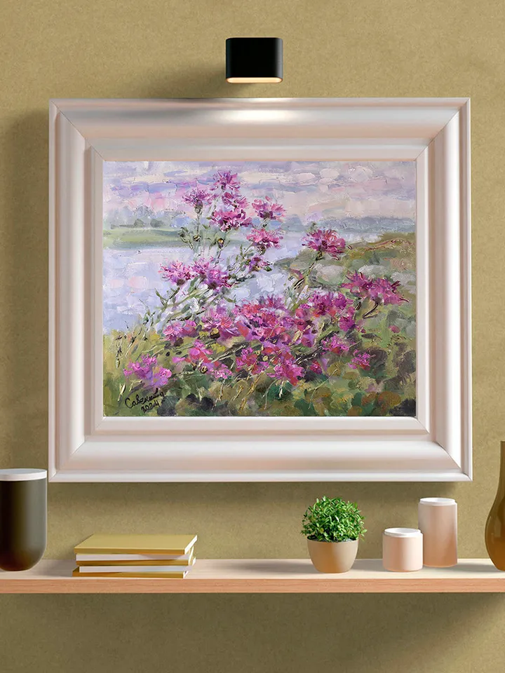 Wildflowers Painting Blooming Field Landscape Purple Flowers