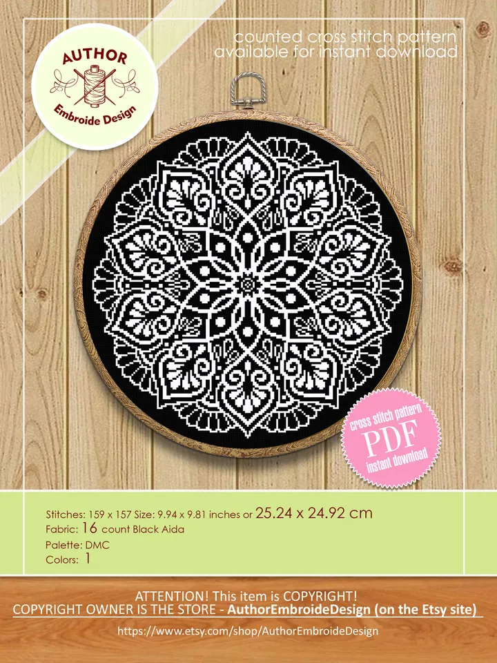 Easy mandala cross stitch pattern download PDF Simple mandala digital Monochrome cross stitch floral sampler Modern cross stitch chart #M159