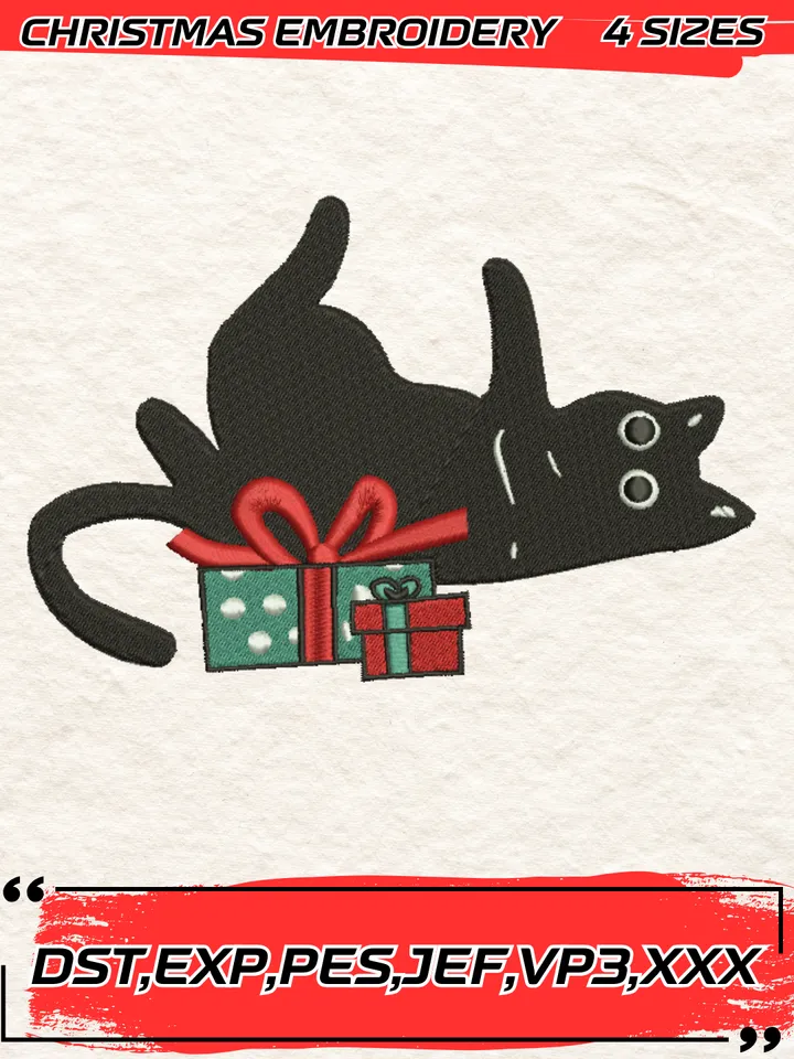 Black Cat Christmas Embroidery Design,Christmas Embroidery Design,4 Sizes, Digital Download #2