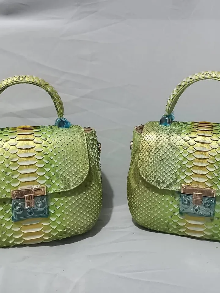 Genuine python top handle bag / designer bag / exotic leather bag / lime multicolor summer bag / snake print leather designer classy purse