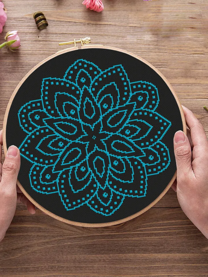Simple mandala cross stitch pattern download PDF, Easy floral ornament beginners embroidery, Monochrome mandala ornament cross stitch #M94