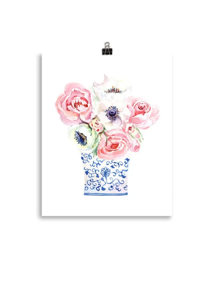 Chinoiserie Vase Flower Ginger Jar Print Watercolor Painting Blue And White Asian Flower Chinese Art Flower Painting Floral Art Print