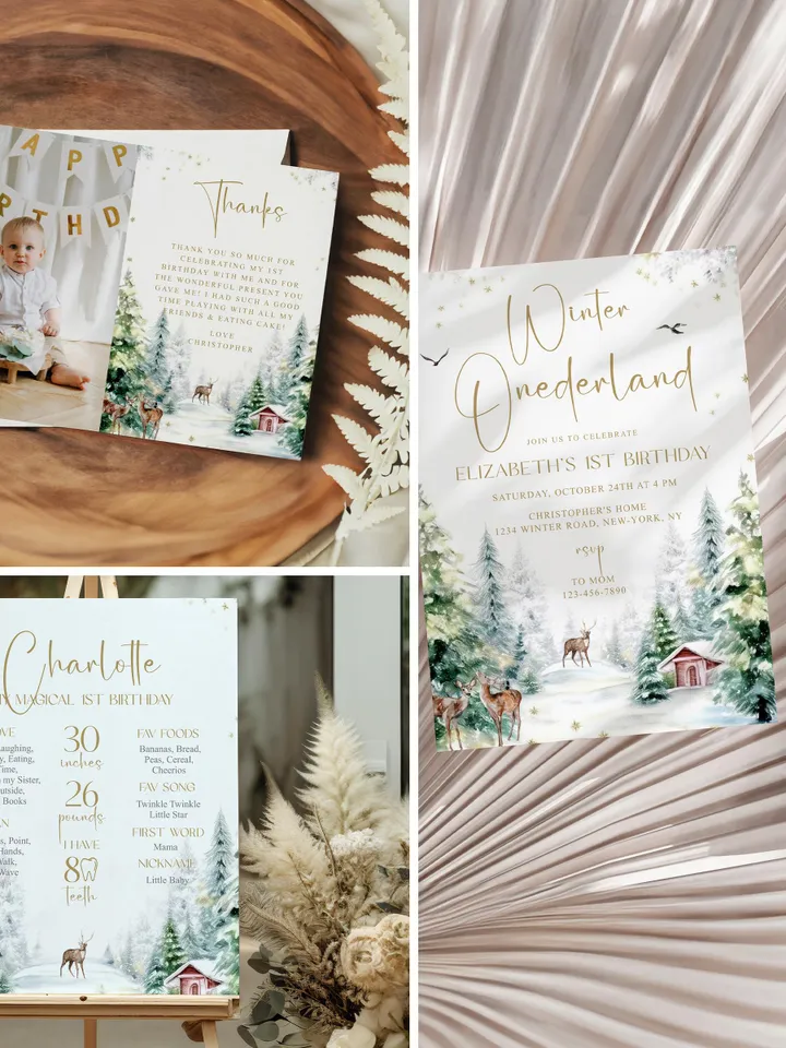 Editable Winter ONEderland Birthday Invitation Bundle, Winter Wonderland First Birthday , Deer, Winter Woodland, Adventure Theme Party i128