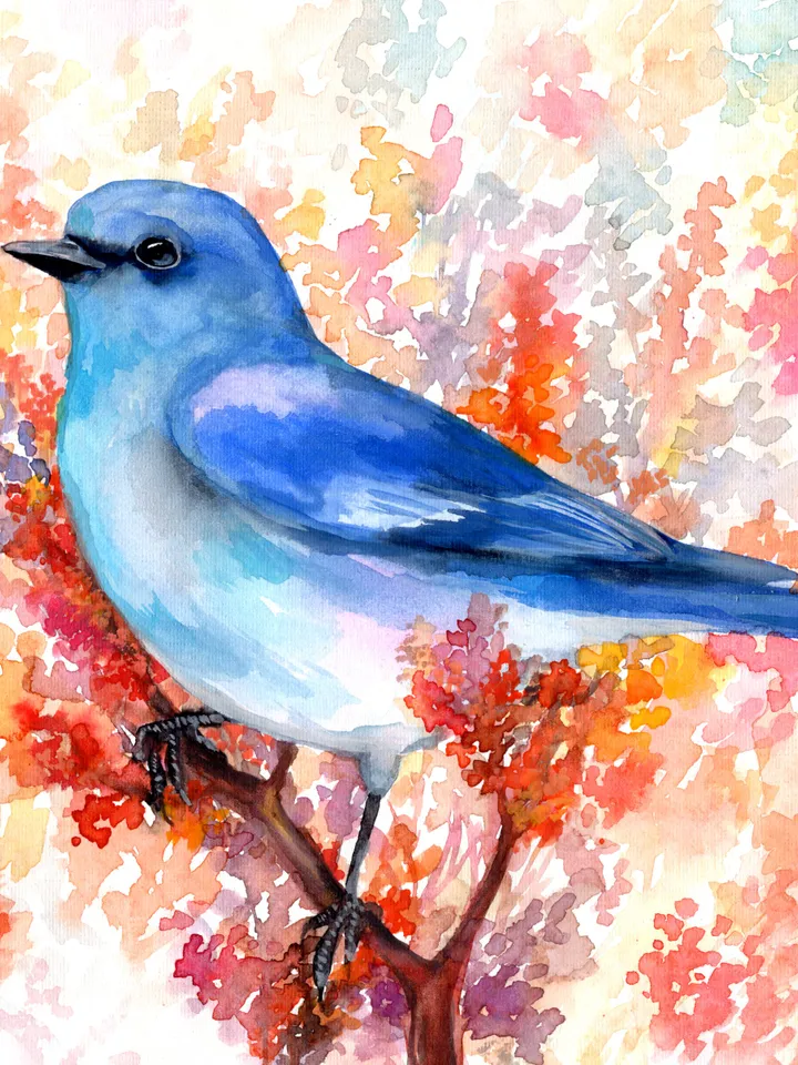 The Indigo Oatmeal Cardinal original watercolor, bird on the branch painting, blue bird portrait room decor, 8x11 in wall art for bird lovers handmade by Anne Gorywine