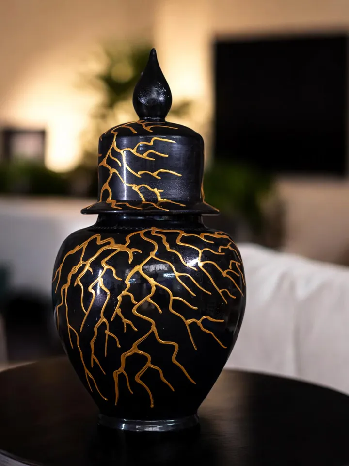 Handmade Large Jar with Lightning-Inspired Gold Accents | 45 cm Decorative Art Object, Home Decor