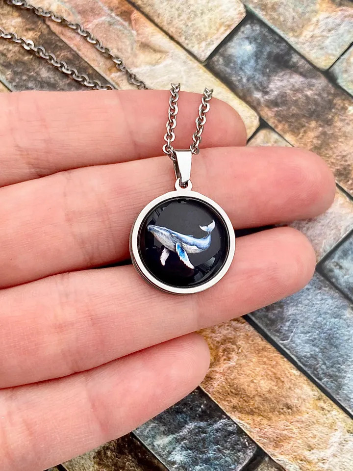 Whale necklace, steel pendant with glass, Sea animal lover gift