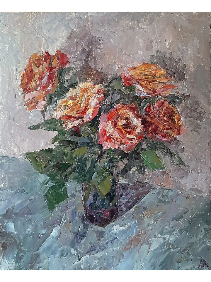 Yellow Red Roses Painting 11x9" Original Flower Art Oil Hand Painted Artwork Signed by artist Marina Chuchko Impressionist