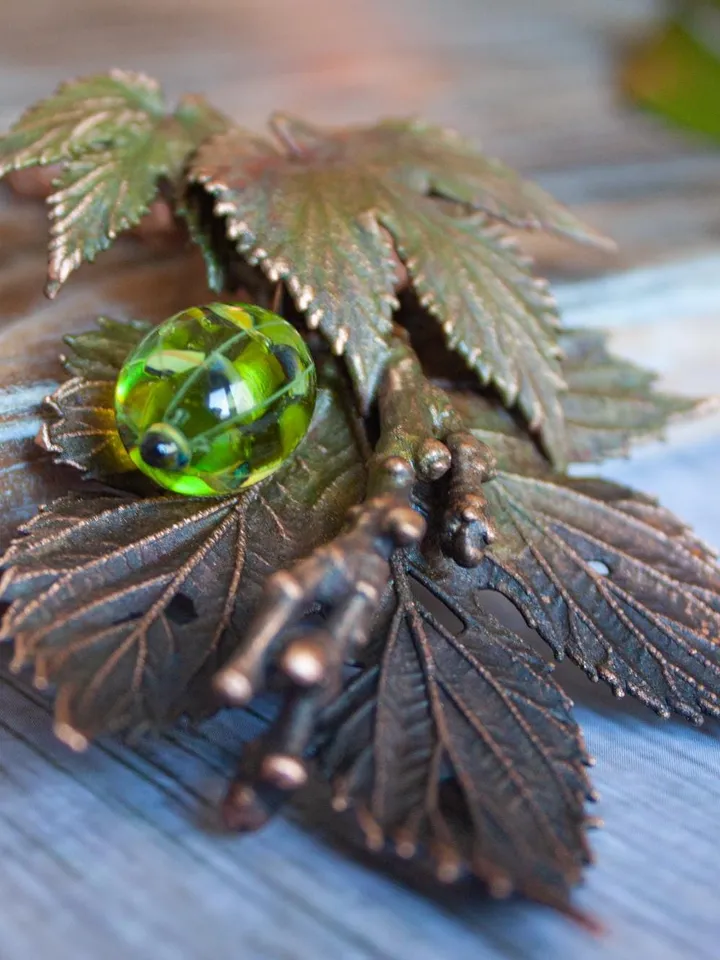 Unique handmade copper pendant made of nature leaves in a single copy, original gift