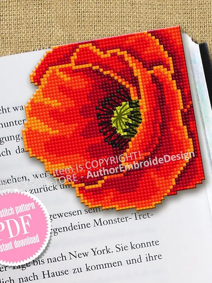 Corner bookmark cross stitch pattern PDF download Poppy cross stitch chart, Flower bookmark pattern digital PDF, Bookmark for women #B312