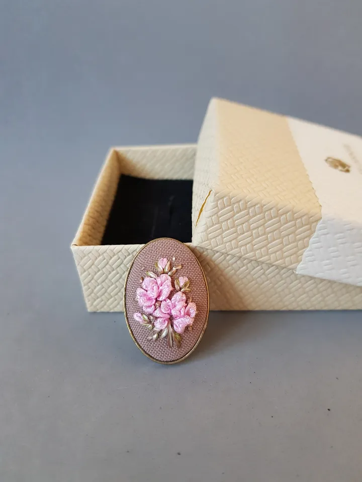 Ribbon embroidered brooch for her, handmade embroidery jewelry