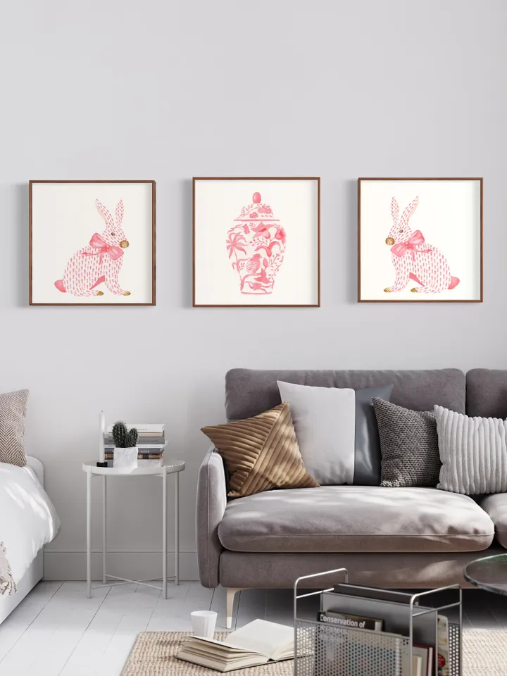 Pink Chinoiserie Set of 3 Art Prints, Watercolor Painting, Asian Vase Art, Rabbit Painting, Pink Bow Art, Ginger Jar, Chinoiserie Set Print