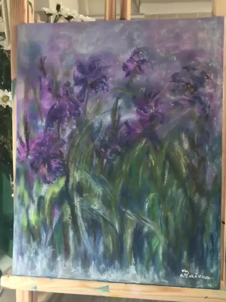 Irises painting,Iris flowers wall art pastel on canvas board impresionist style.