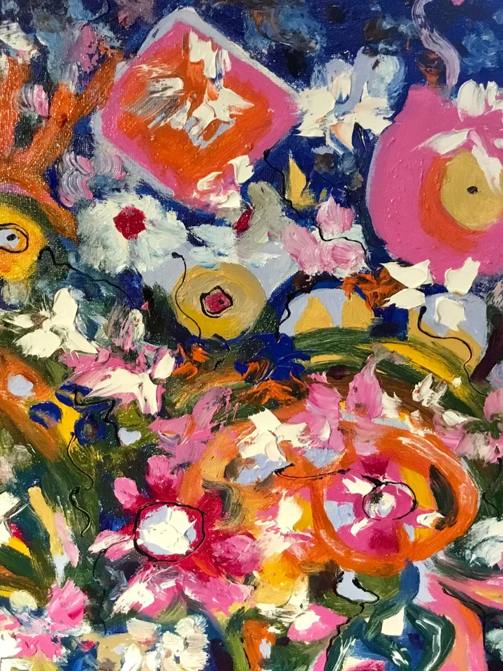 Del fondo de mi corazon, original oil mix media painting on large canvas,fantasy flowers painting,colourful wall hanging,unique gift.