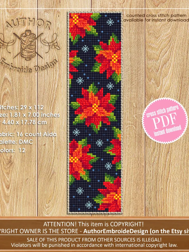 Christmas bookmark poinsettia cross stitch pattern PDF download Modern handmade bookmark digital PDF, Winter flower cross stitch chart #B227