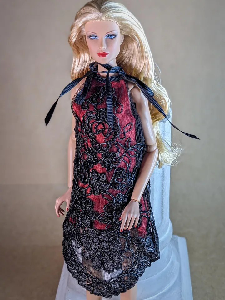 Handmade black & red lace dress for 13-inch fashion dolls