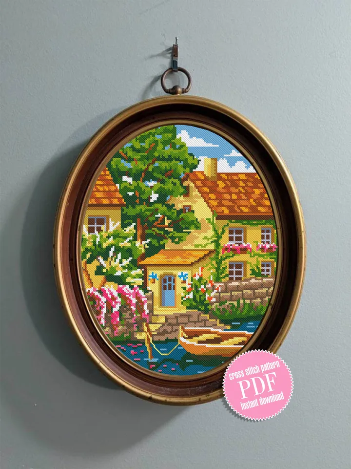 Summer home cross stitch pattern download PDF Village house cross stitch chart Nature landscape river cross stitch Home sweet home #L10