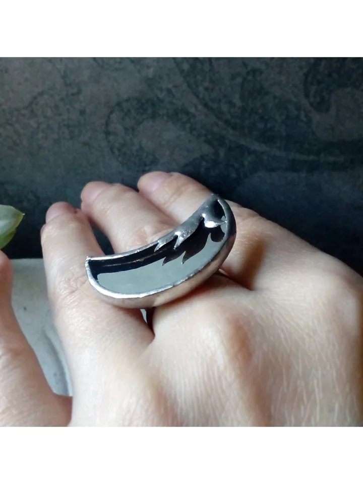 Mirror crescent ring, moon ring, stained glass ring, protection ring, Halloween ring, witchy aesthetic, soldered ring