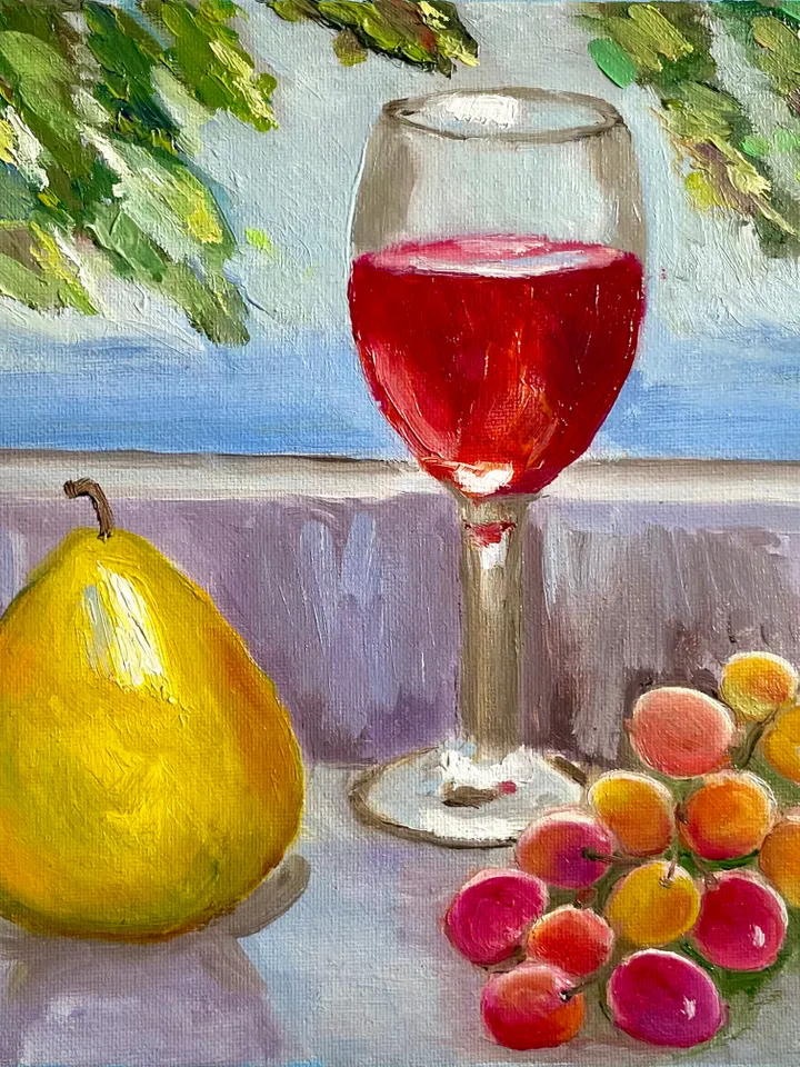 Wine Glass Painting, Original Oil Painting on Canvas, Fruit Still Life Painting 10" x 10"