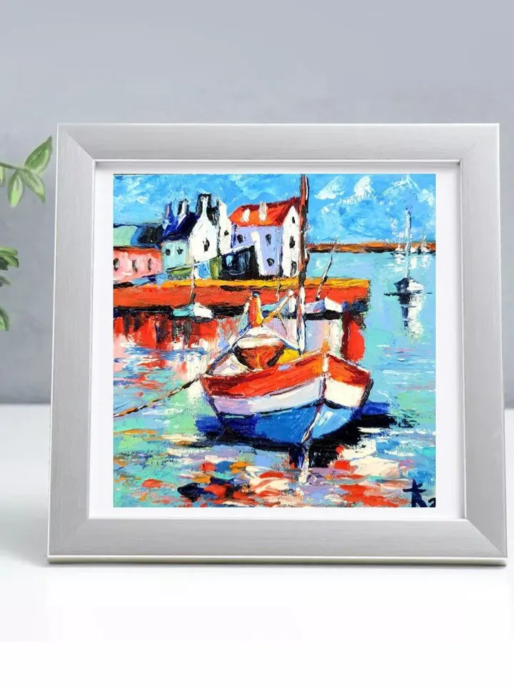 Oil painting seascape Norwegian houses and boats