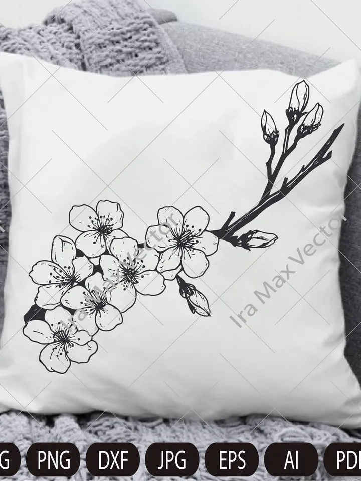 Cherry Blossom Line Art SVG, Floral SVG Bundle, Botanical Hand Drawn Illustration Clipart, Sakura svg