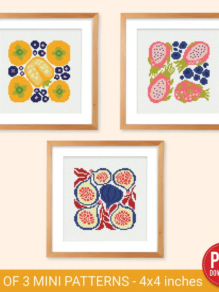 Bundle of 3 mini contemporary Fruit Cross stitch patterns Abstract Food Cozy Style beginner counted modern chart DIY embroidery instant PDF