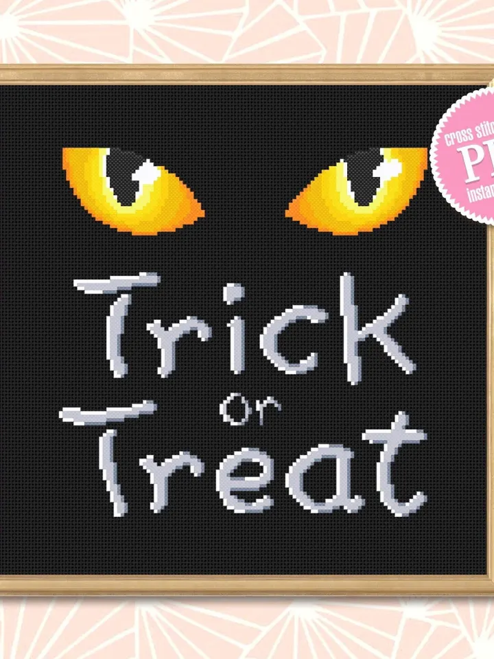 Trick or treat cross stitch pattern PDF download Black cat cross stitch chart, Halloween pattern digital PDF, Cat eyes, Halloween quote #H11