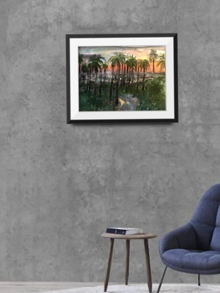 Los Angeles original watercolour painting,sunset palm trees painting,wall art,city painting,USA painting,unique handmade watercolor art.