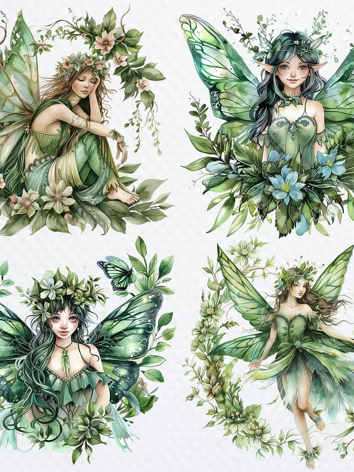 22 Forest Fairy PNG Bundle, Green Fairies Watercolor clipart for sublimation, High Quality PNGs, Digital download, Paper craft, junk journal