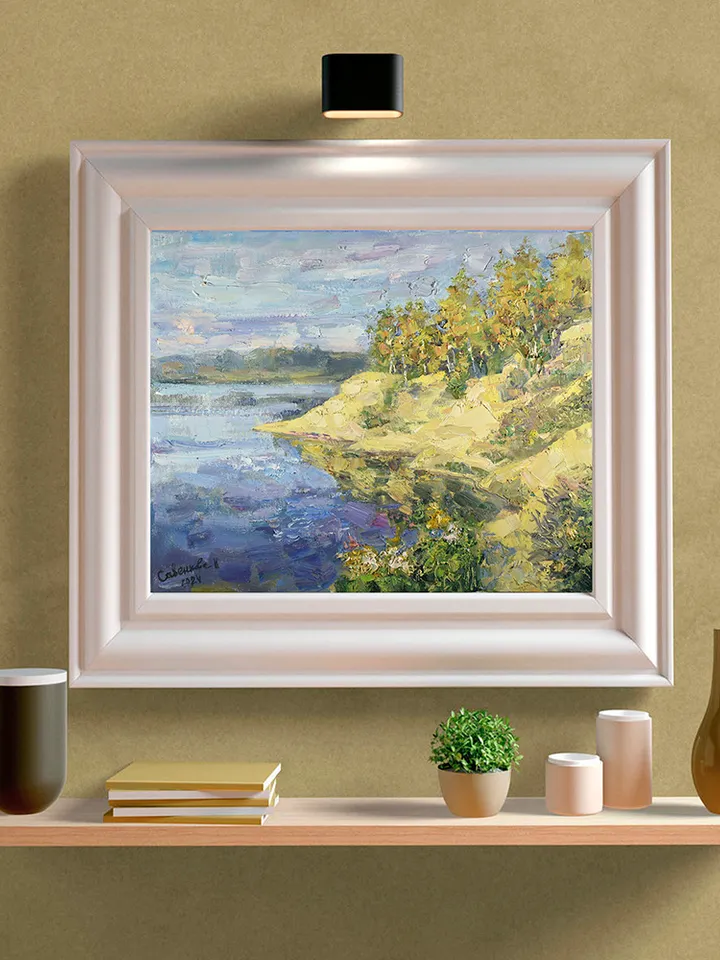 Autumn Painting Sandy Beach Artwork Lake Birch Nature Art