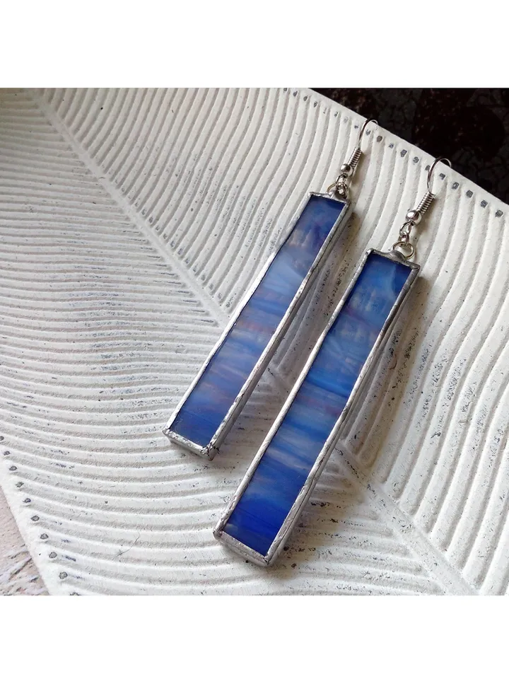 Glass blue geometric earrings, Simple Stained glass, rectangle earrings, Minimalist earrings, Dangle minimalism earrings
