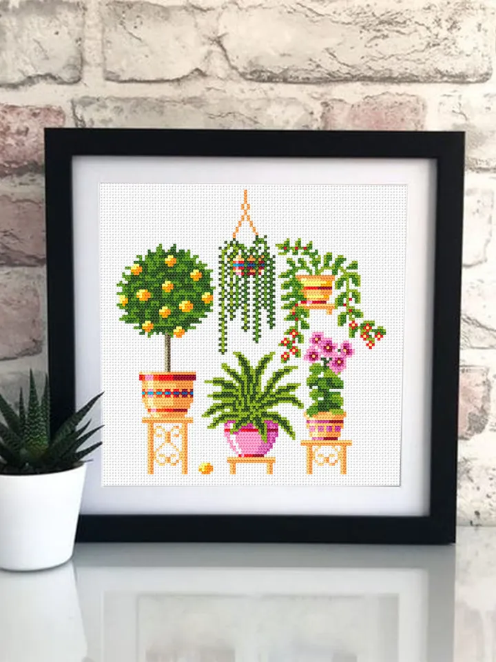 Potted plants cross stitch pattern download PDF Floral cross stitch sampler, Small house plant embroidery PDF, Garden cross stitch chart #P1