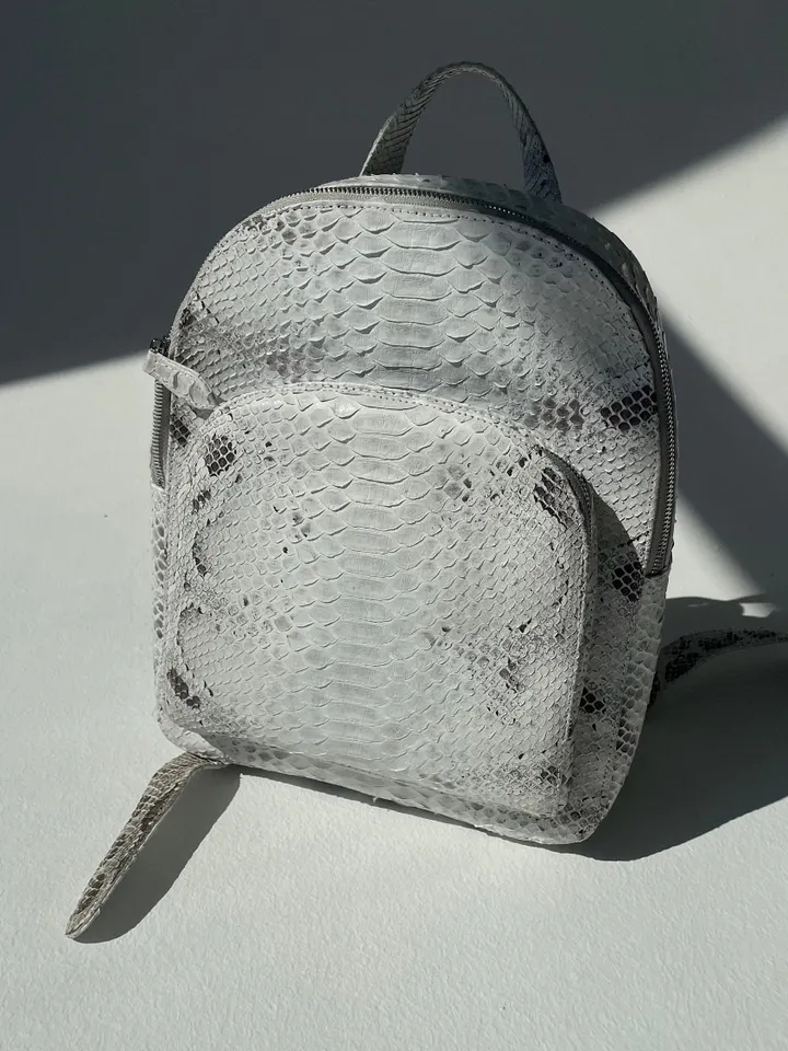 Genuine python skin white backpack | designer women bags | exotic leather purse | trendy casual snakeprint bleached backpack with pockets |