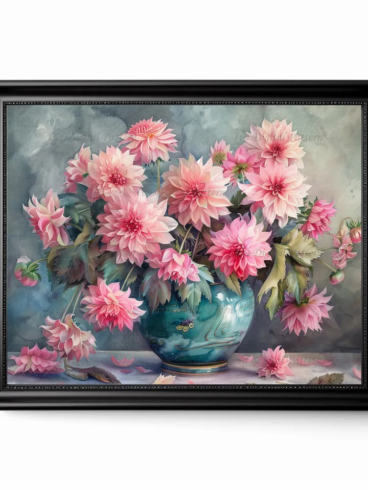 Bouquet of pink dahlias in a vase watercolor drawing, digital illustration, digital painting , wall art decoration. AI