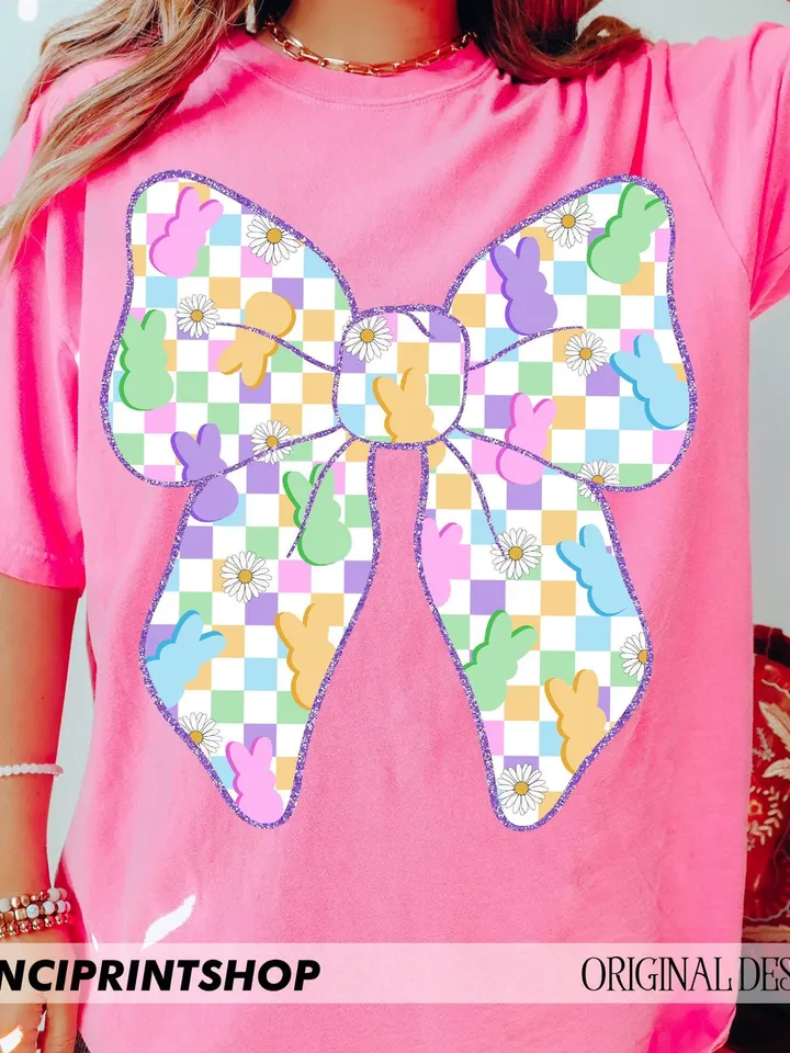 Checkerboard pastel easter bow png, Easter Coquette Bow png, Easter png, Easter Bunny png, Easter Shirt png, Spring png, Retro Easter png