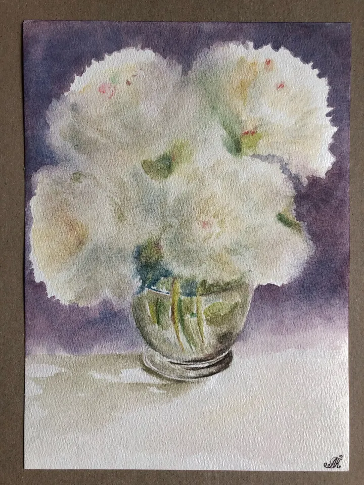 White pionies in vase wall art hand painted modern watercolour painting