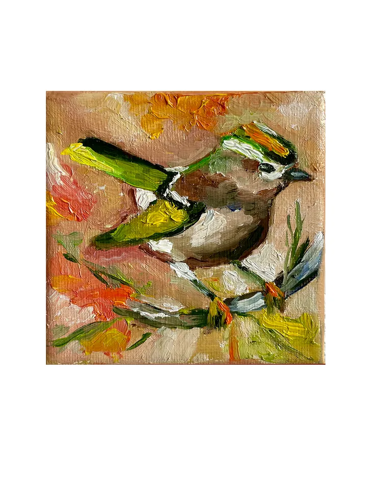 Tiny bird oil painting, Goldcrest painting, Original oil Painting on Canvas, Wildlife Art, Miniature Artwork 4"x 4"